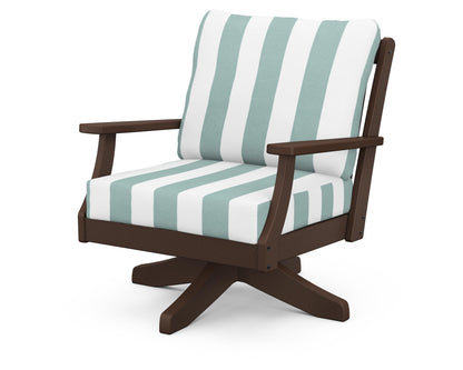 POLYWOOD® Braxton Deep Seating Swivel Chair in Mahogany / Cabana Stripe Glacier Spa