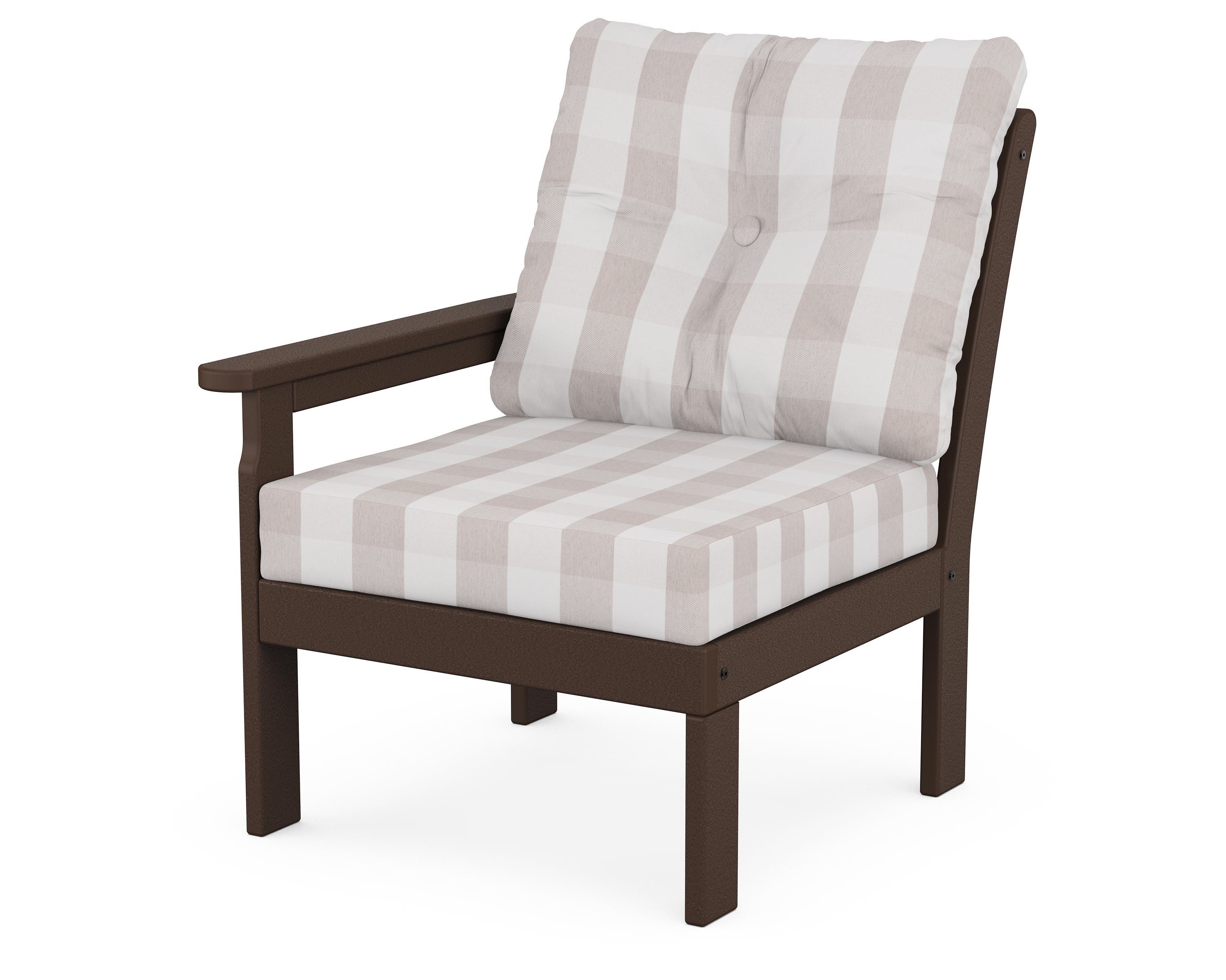 POLYWOOD® Vineyard Modular Left Arm Chair in Mahogany / Buffalo Plaid Dune Burlap