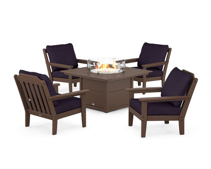 Country Living Cottage 5-Piece Deep Seating Set with Fire Pit Table in Mahogany / Navy Linen