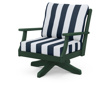 POLYWOOD® Braxton Deep Seating Swivel Chair in Green / Cabana Stripe Marine Indigo