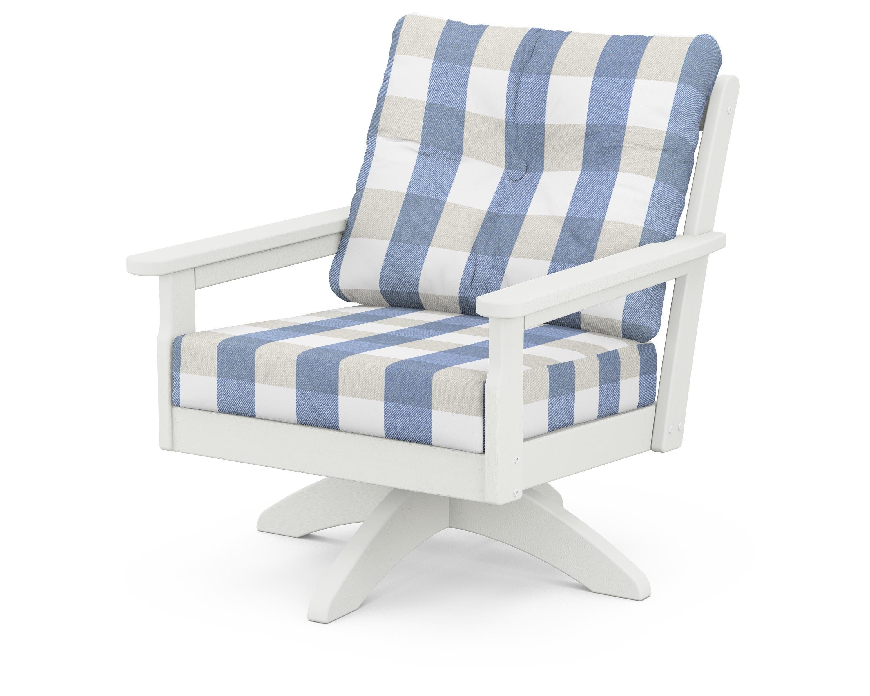 POLYWOOD® Vineyard Deep Seating Swivel Chair in Vintage White / Buffalo Plaid Sky Blue