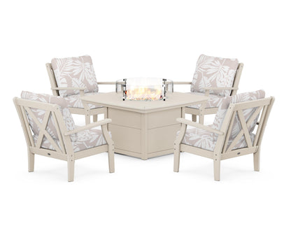 POLYWOOD® Braxton 5-Piece Deep Seating Conversation Set with Fire Pit Table in Sand / Leaf Dune Burlap