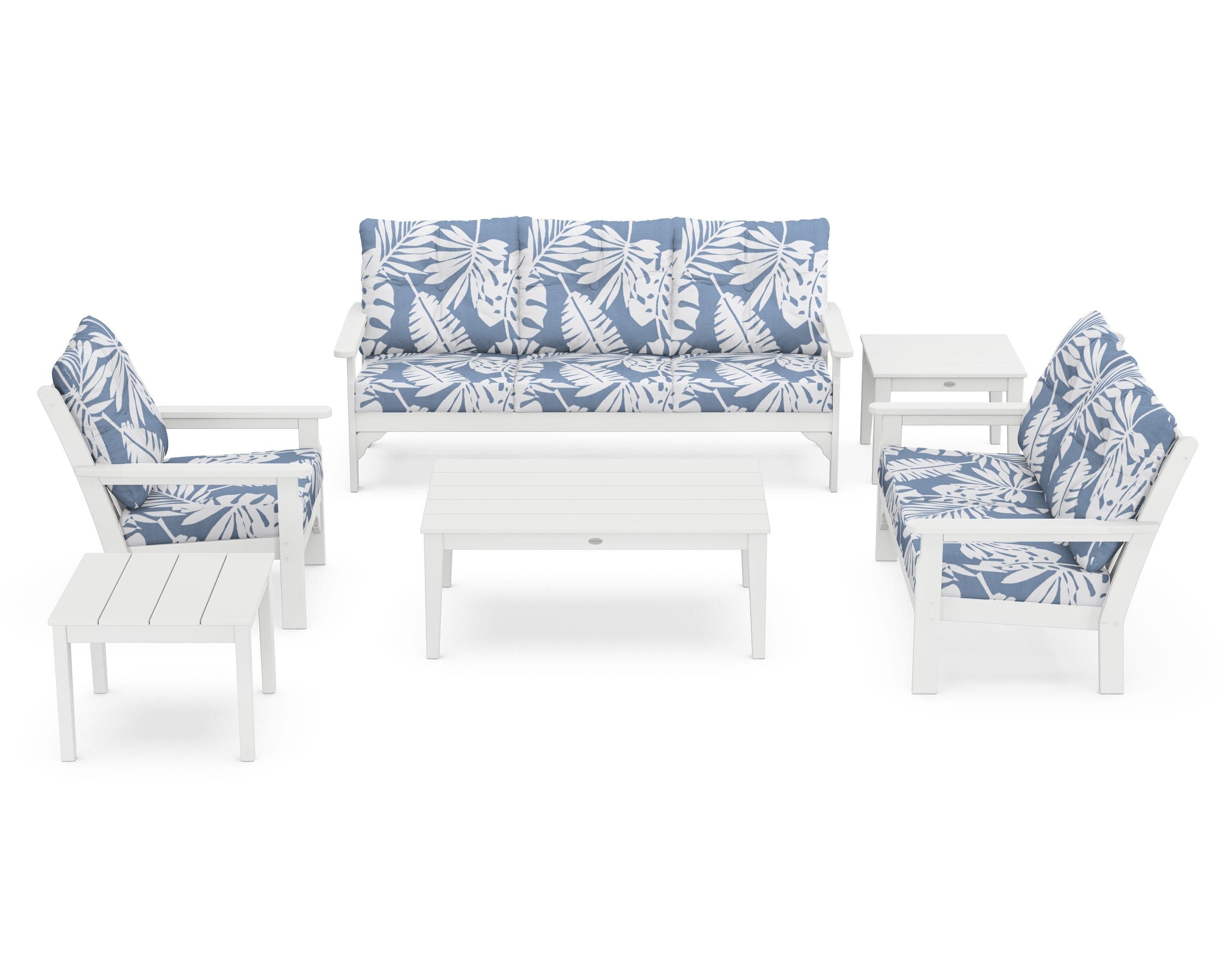 POLYWOOD® Vineyard 6-Piece Deep Seating Set in White / Leaf Sky Blue