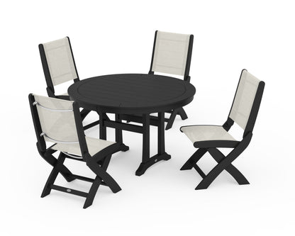 POLYWOOD® Coastal Folding Side Chair 5-Piece Round Dining Set With Trestle Legs in Black / Parchment Sling