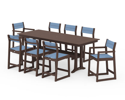 POLYWOOD® EDGE Sling 9-Piece Farmhouse Counter Set with Trestle Legs in Mahogany / Poolside Sling