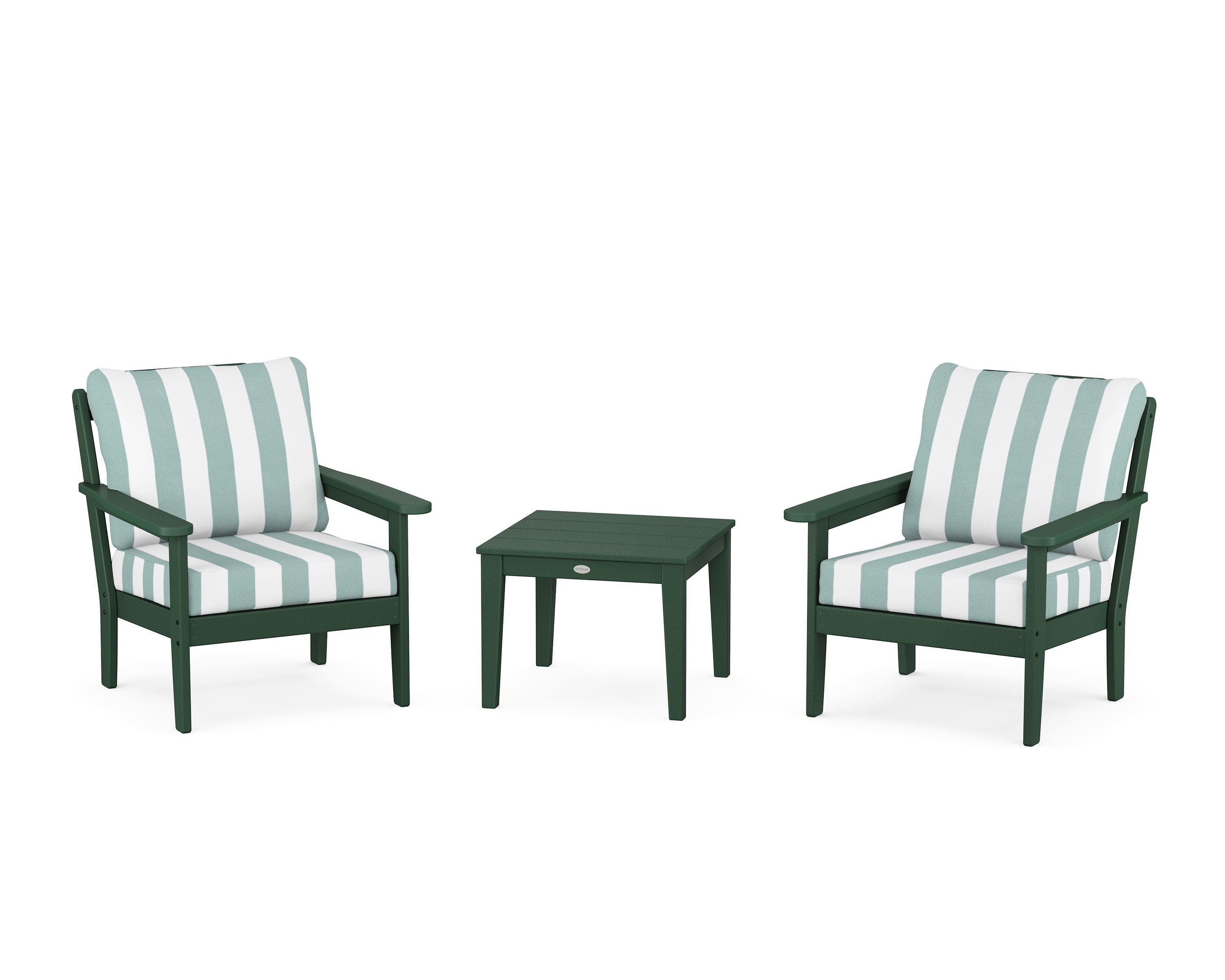 Country Living Cottage 3-Piece Deep Seating Set in Green / Cabana Stripe Glacier Spa