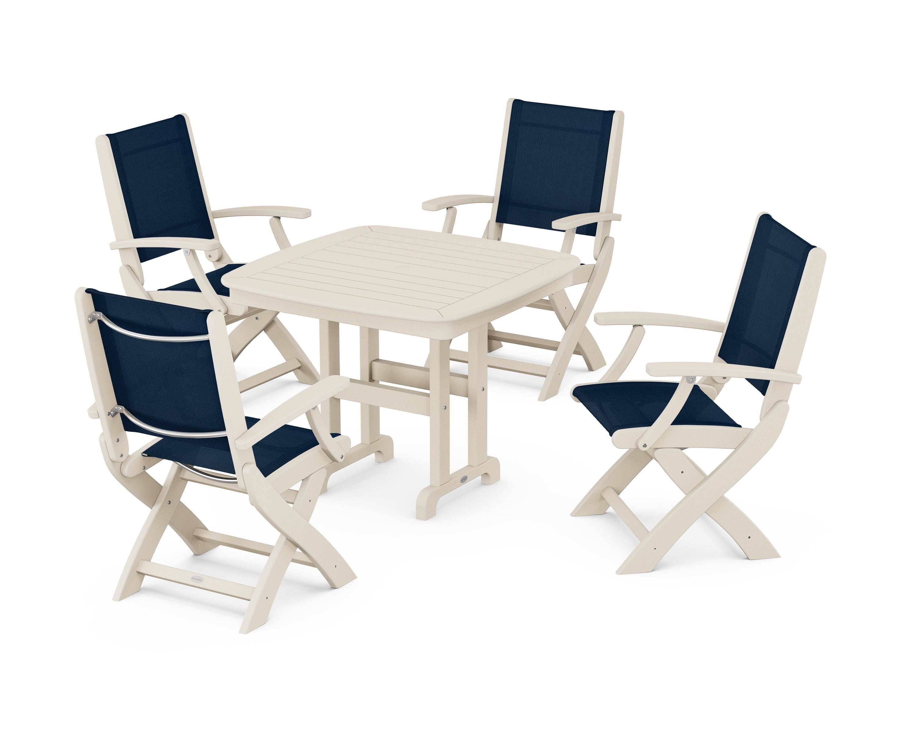 POLYWOOD® Coastal Folding Chair 5-Piece Dining Set in Sand / Navy Blue Sling