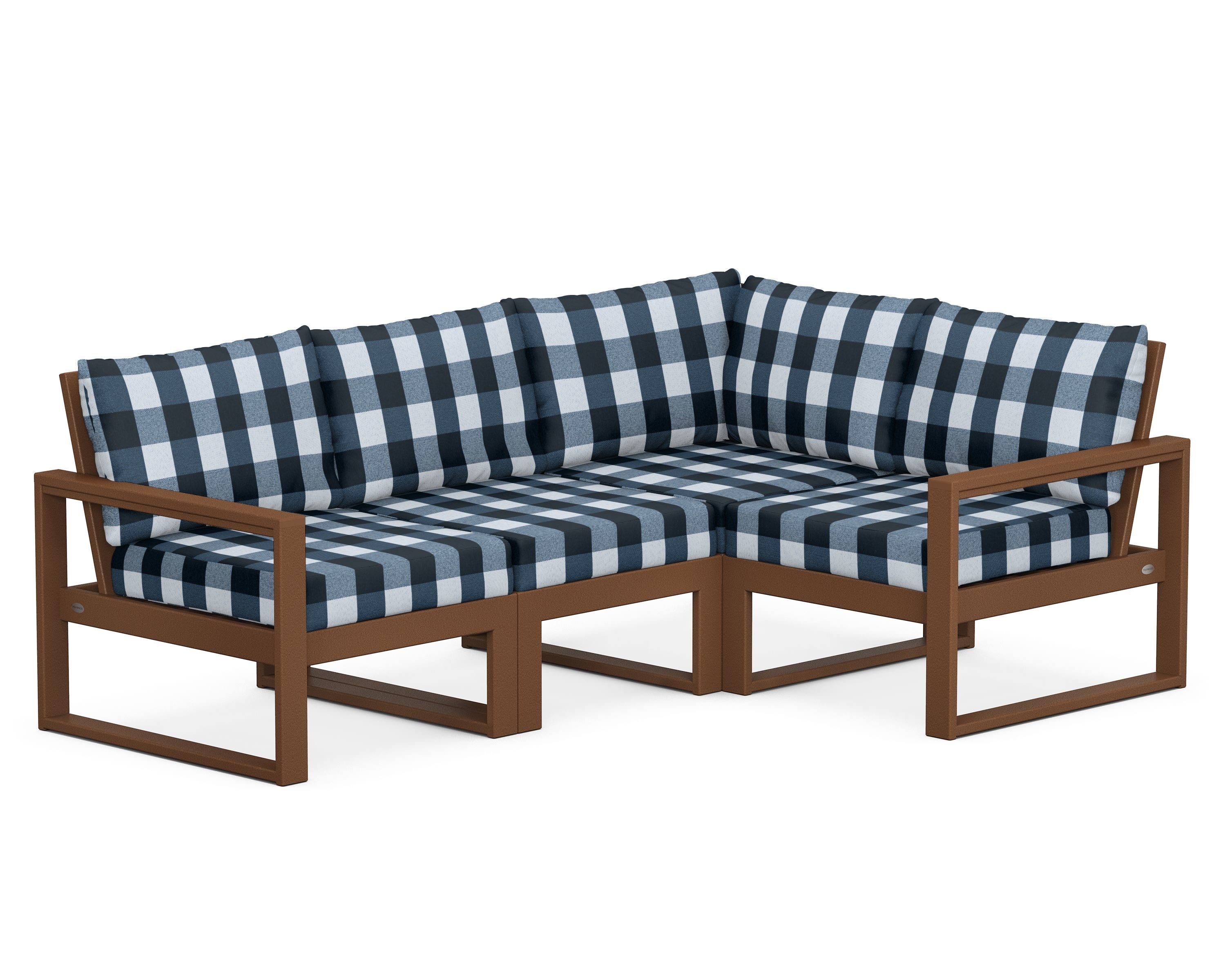 POLYWOOD® EDGE 4-Piece Modular Deep Seating Set in Teak / Buffalo Plaid Marine Indigo