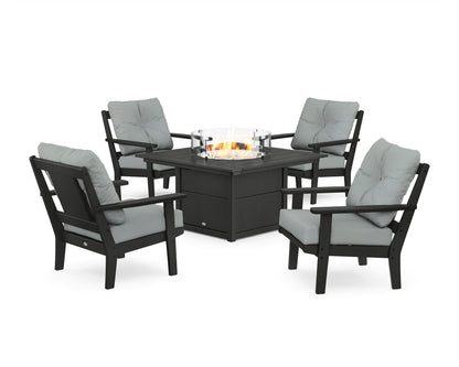POLYWOOD® Prairie 5-Piece Deep Seating Set with Fire Pit Table in Black / Spa