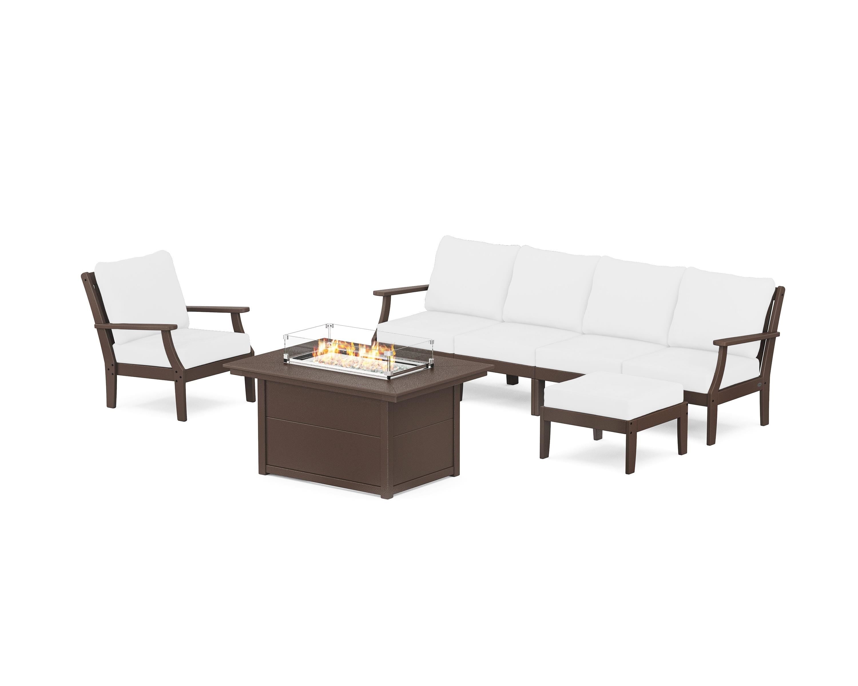 POLYWOOD® Braxton Sectional Lounge and Fire Pit Set in Mahogany / Natural