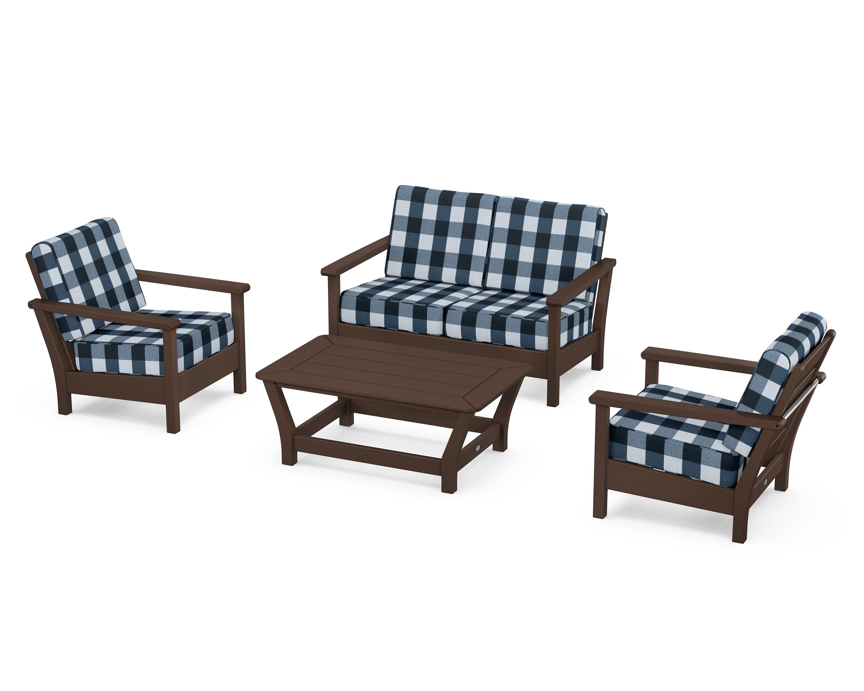POLYWOOD® Harbour 4-Piece Deep Seating Set in Mahogany / Buffalo Plaid Marine Indigo
