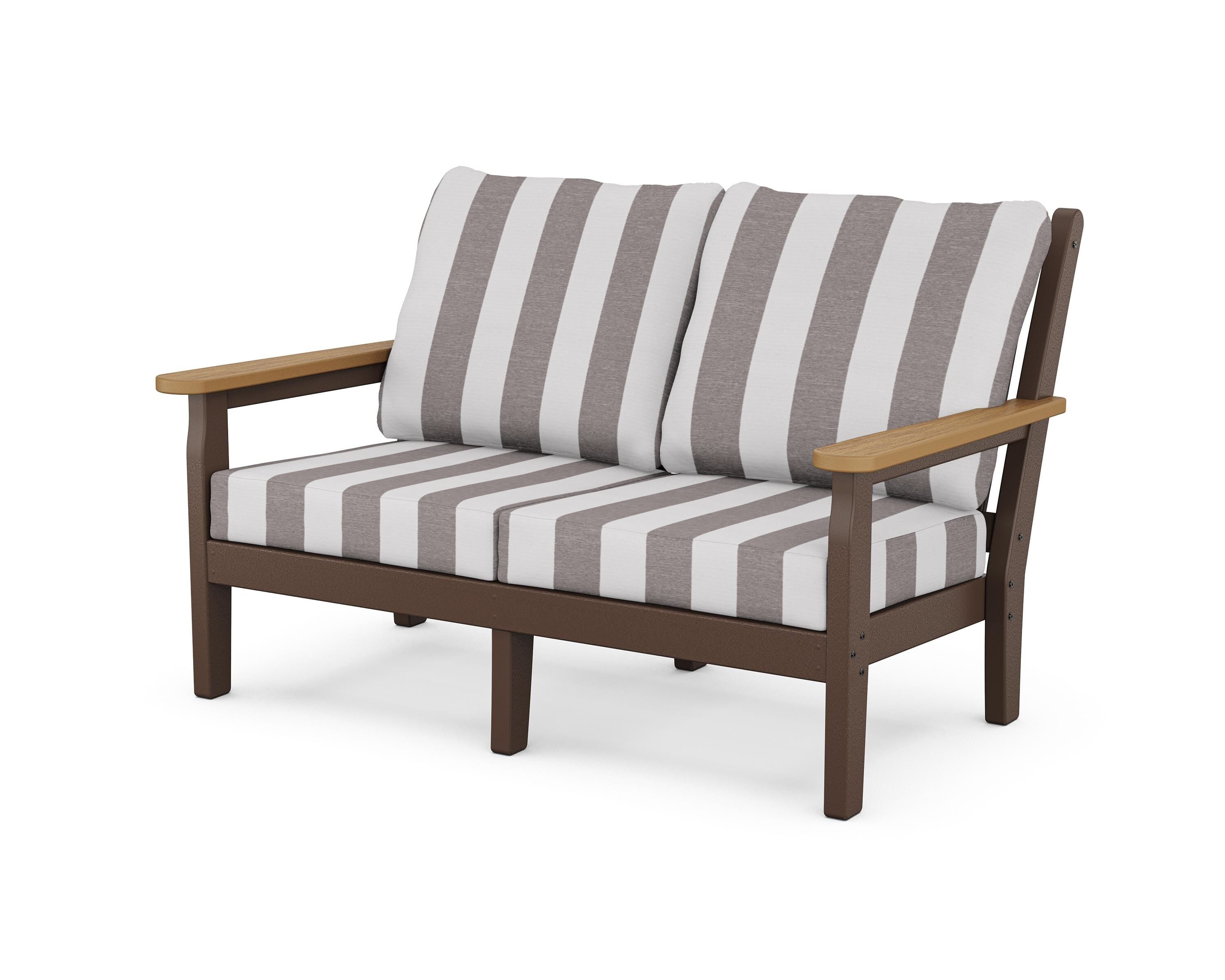 POLYWOOD® Chippendale Deep Seating Loveseat in Mahogany / Natural / Cabana Stripe Grey Mist