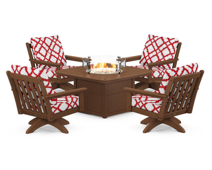 POLYWOOD® Vineyard 5-Piece Deep Seating Swivel Conversation Set with Fire Pit Table in Teak / Trellis Crimson