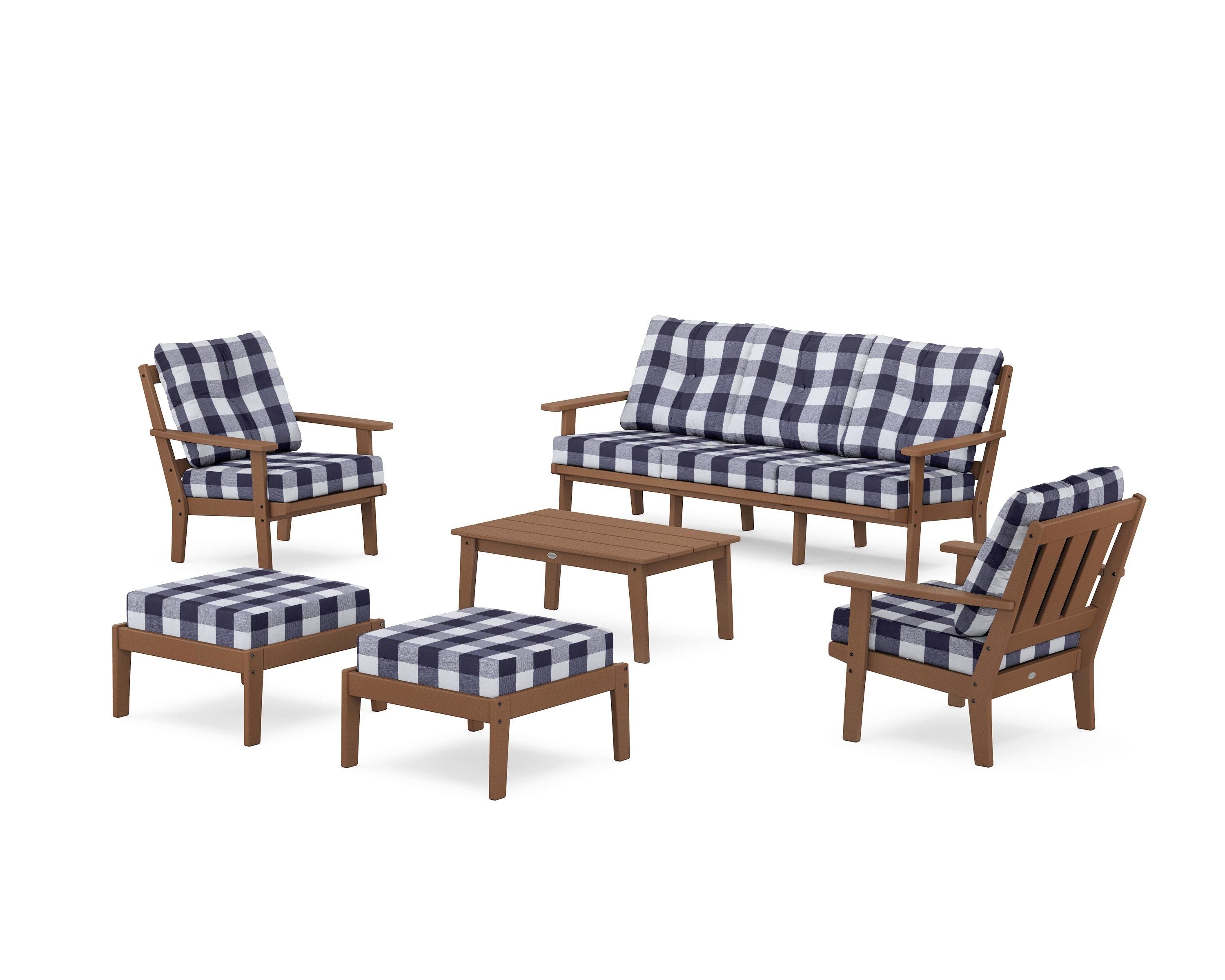 POLYWOOD® Oxford 6-Piece Lounge Sofa Set in Teak / Buffalo Plaid Navy