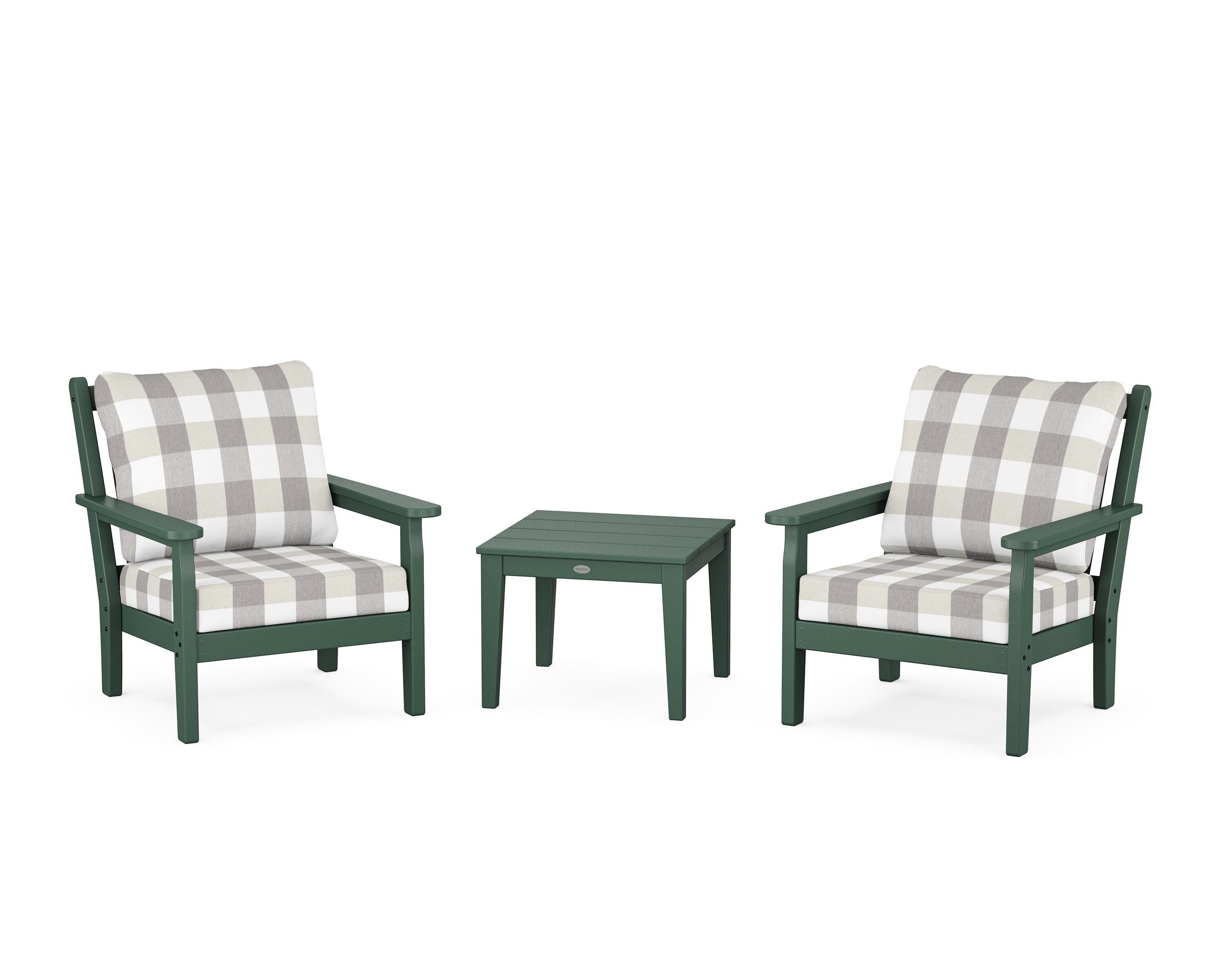 POLYWOOD® Chippendale 3-Piece Deep Seating Set in Green / Buffalo Plaid Grey Mist