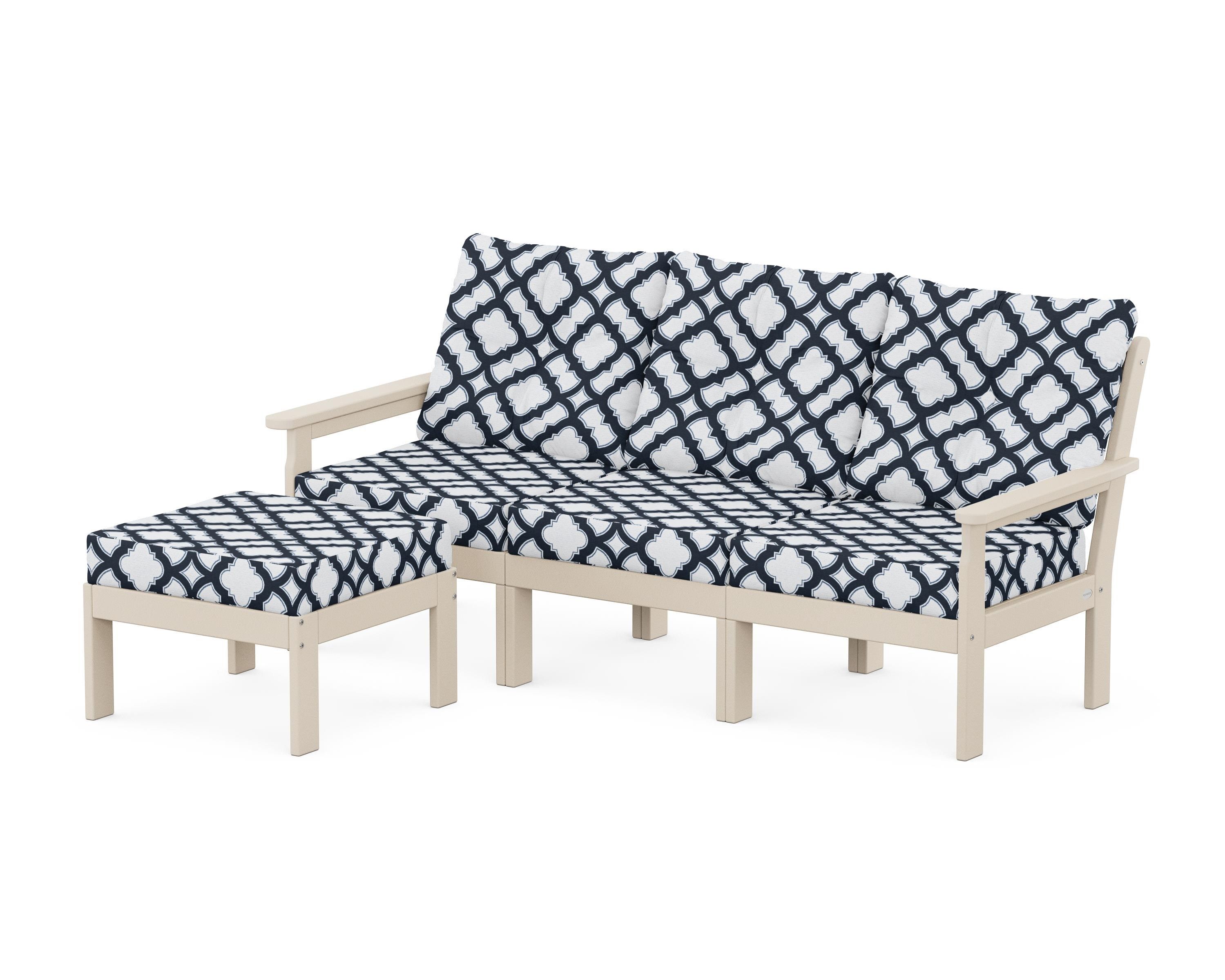 POLYWOOD® Vineyard 4-Piece Sectional with Ottoman in Sand / Trellis Marine Indigo