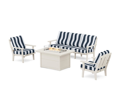 POLYWOOD® Mission Deep Seating Fire Pit Table Set in Sand / Cabana Stripe Marine Indigo