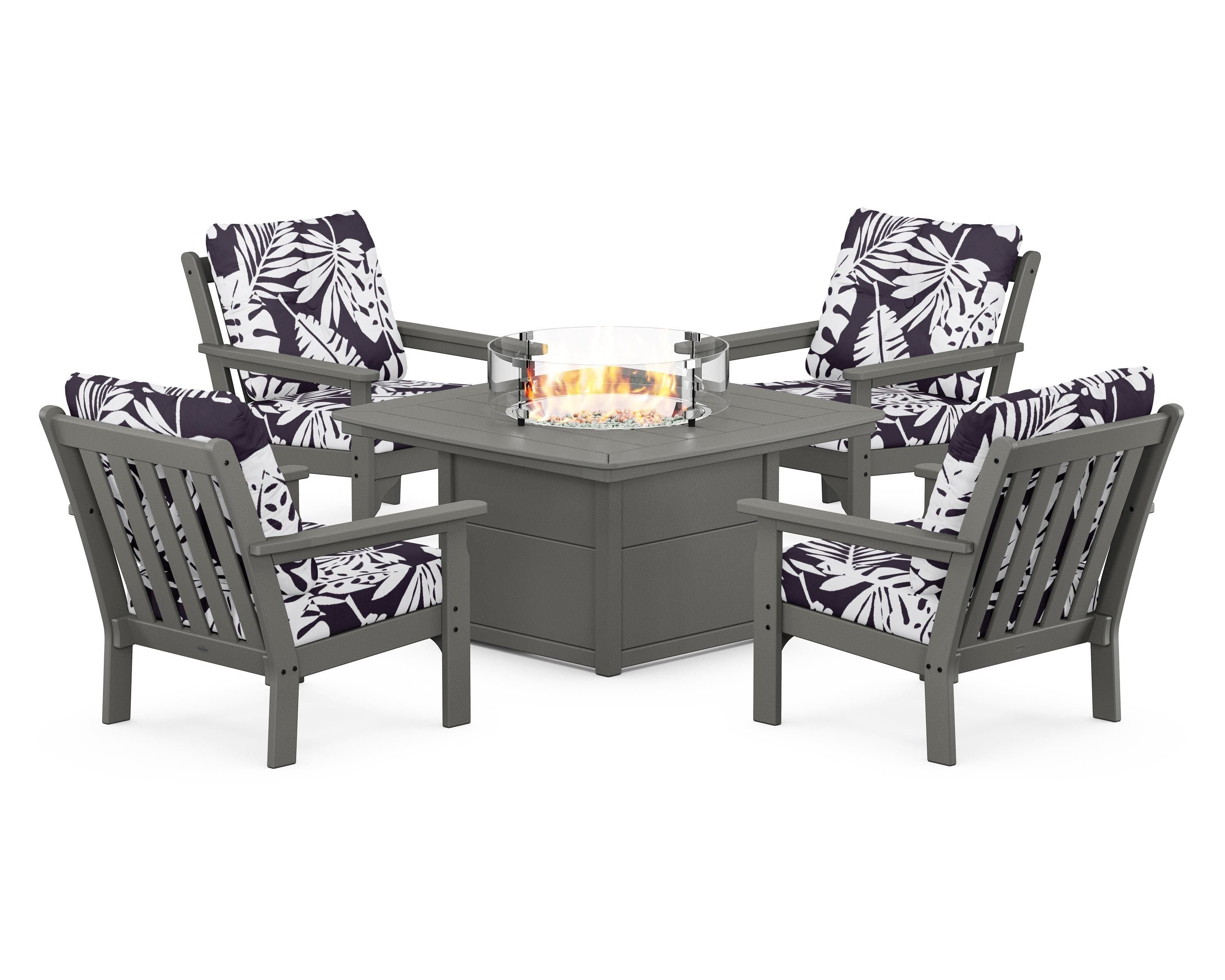 POLYWOOD® Vineyard 5-Piece Conversation Set with Fire Pit Table in Slate Grey / Leaf Navy