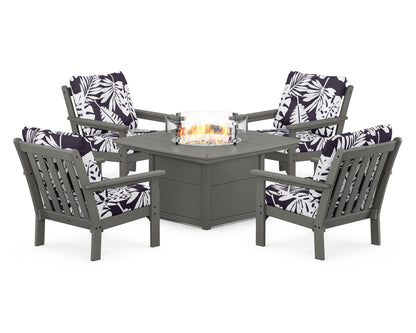 POLYWOOD® Vineyard 5-Piece Conversation Set with Fire Pit Table in Slate Grey / Leaf Navy