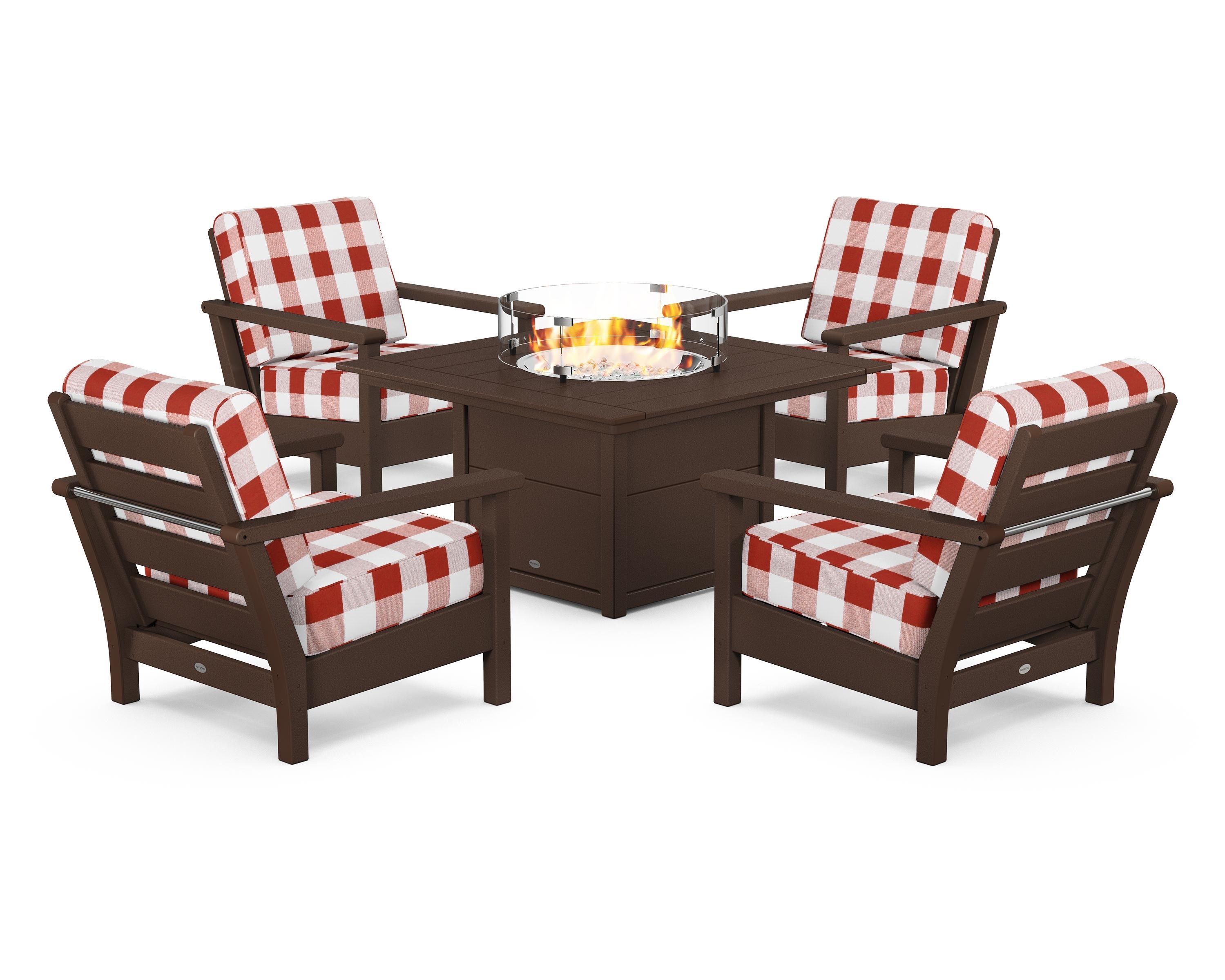 POLYWOOD® Harbour 5-Piece Conversation Set with Fire Pit Table in Mahogany / Buffalo Plaid Crimson