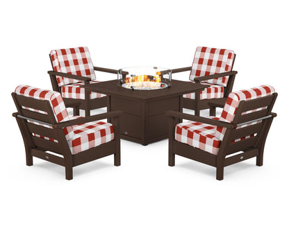 POLYWOOD® Harbour 5-Piece Conversation Set with Fire Pit Table in Mahogany / Buffalo Plaid Crimson