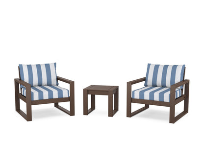 POLYWOOD® EDGE Sectional 3-Piece Deep Seating Set in Mahogany / Cabana Stripe Sky Blue