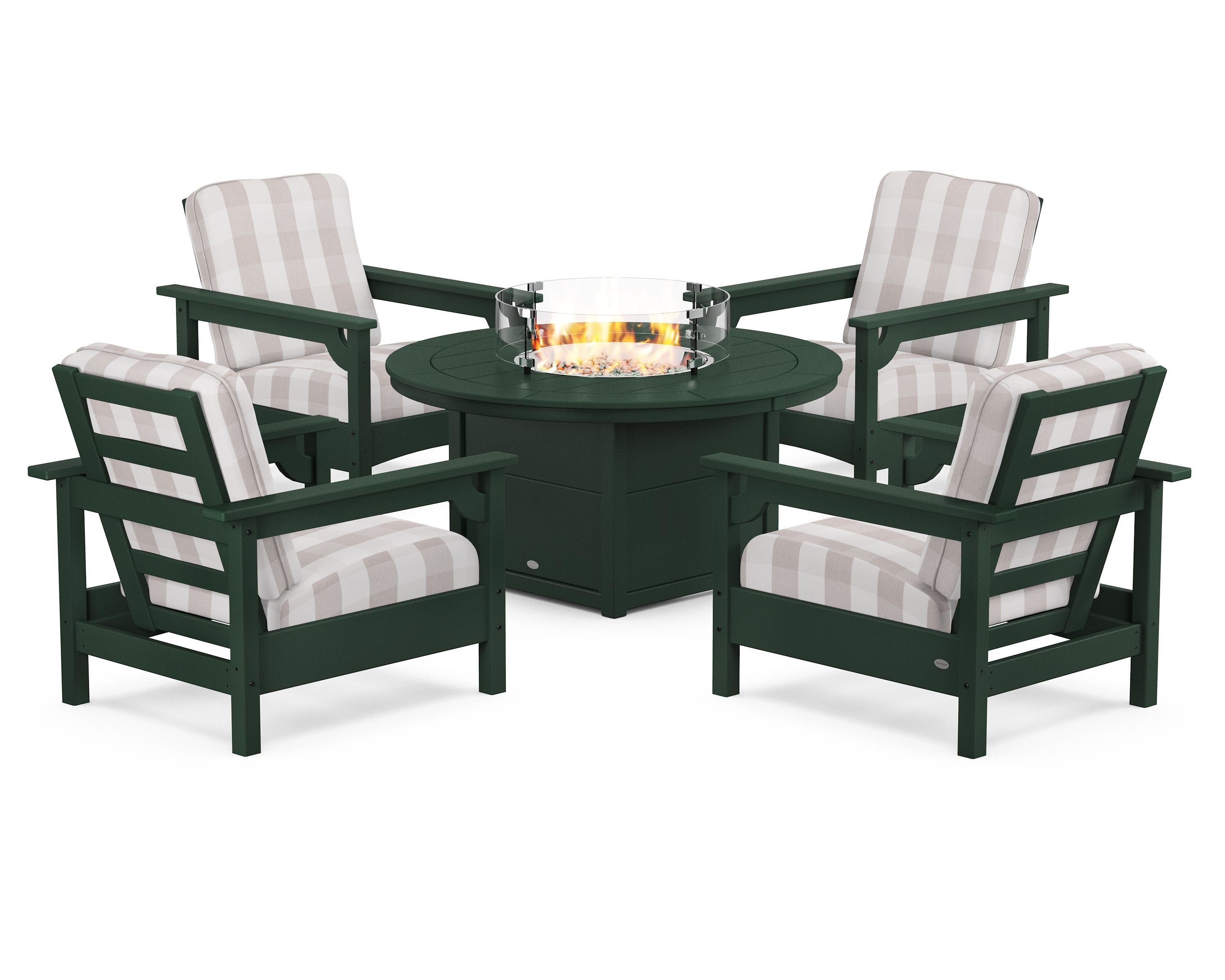 POLYWOOD® Club 5-Piece Conversation Set with Fire Pit Table in Green / Buffalo Plaid Dune Burlap