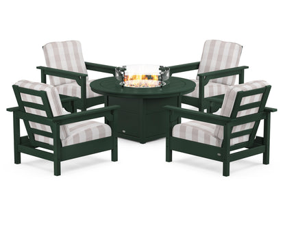POLYWOOD® Club 5-Piece Conversation Set with Fire Pit Table in Green / Buffalo Plaid Dune Burlap