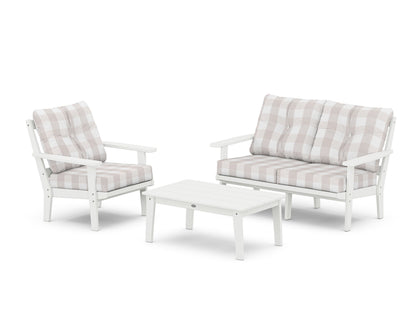 POLYWOOD® Prairie 3-Piece Deep Seating Set with Loveseat in White / Buffalo Plaid Dune Burlap