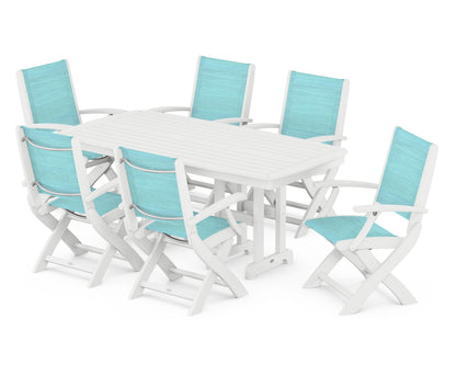 POLYWOOD® Coastal Folding Arm Chair 7-Piece Dining Set in White / Dupioni Aquamarine Sling