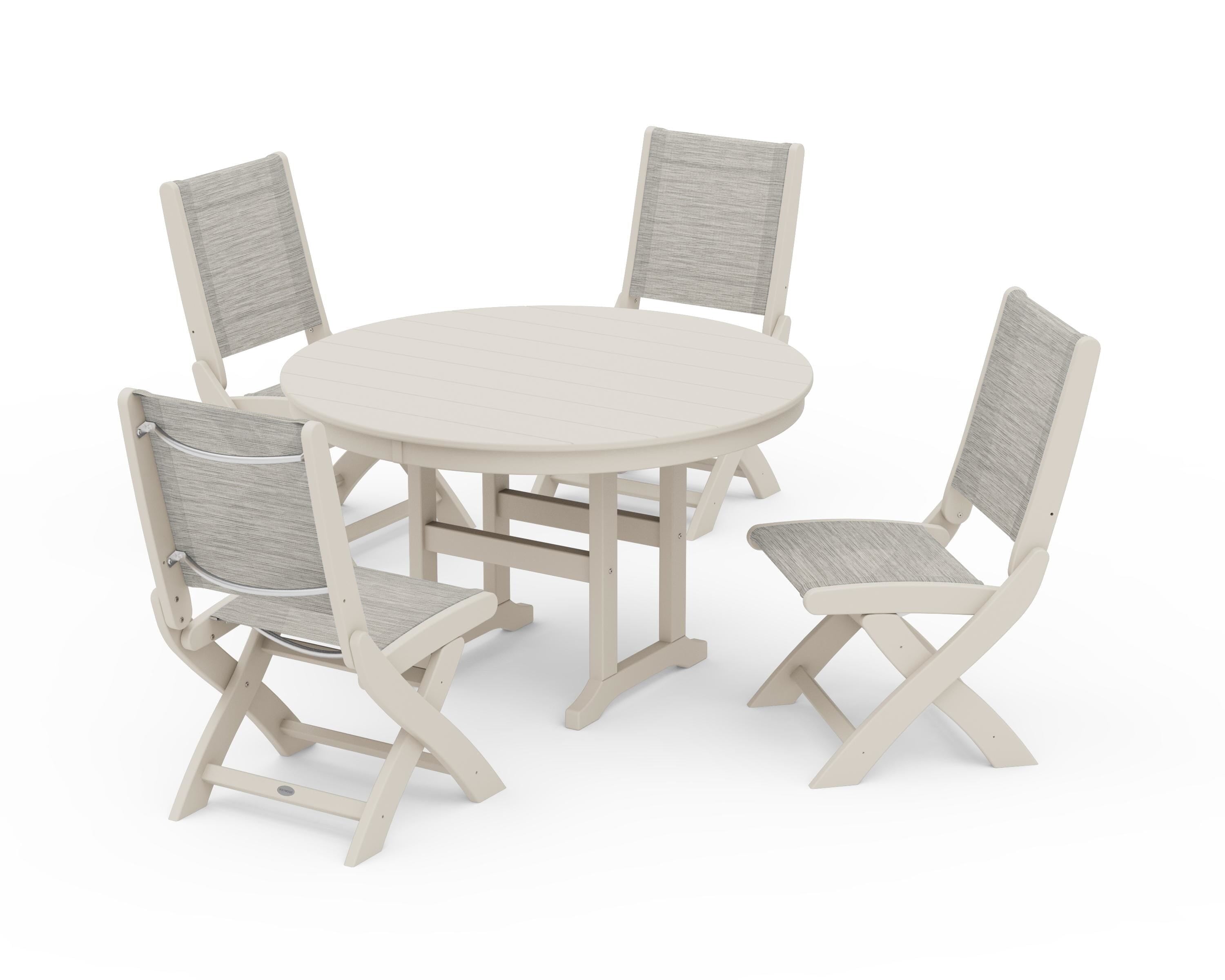 POLYWOOD® Coastal Folding Side Chair 5-Piece Round Dining Set in Sand / Birch Sling