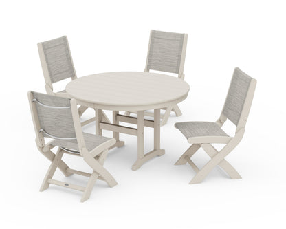 POLYWOOD® Coastal Folding Side Chair 5-Piece Round Dining Set in Sand / Birch Sling