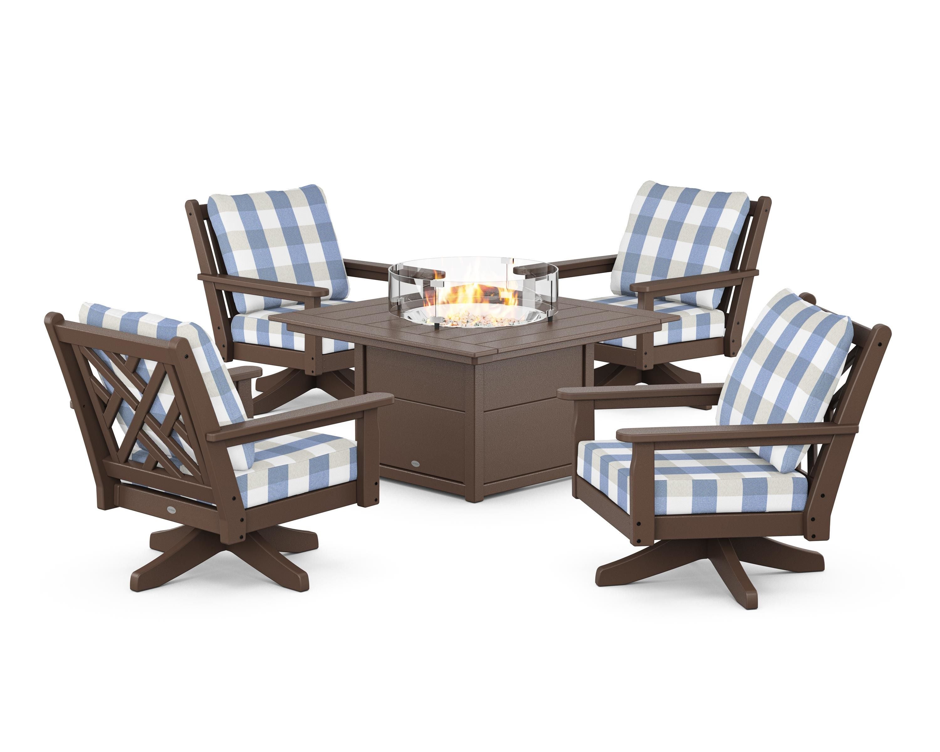 POLYWOOD® Chippendale 5-Piece Deep Seating Swivel Conversation Set with Fire Pit Table in Mahogany / Buffalo Plaid Sky Blue
