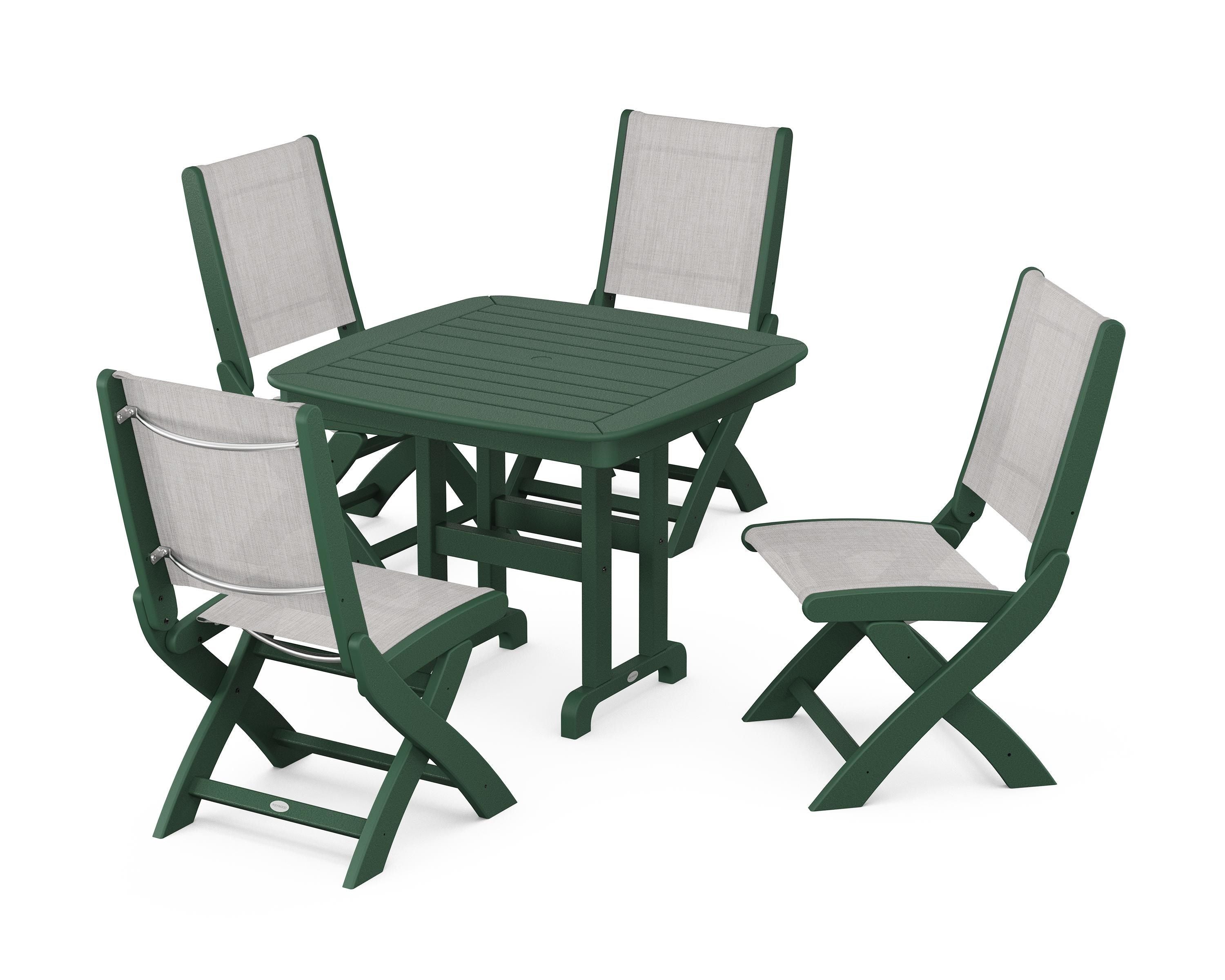 POLYWOOD® Coastal Folding Side Chair 5-Piece Dining Set in Green / Parchment Sling