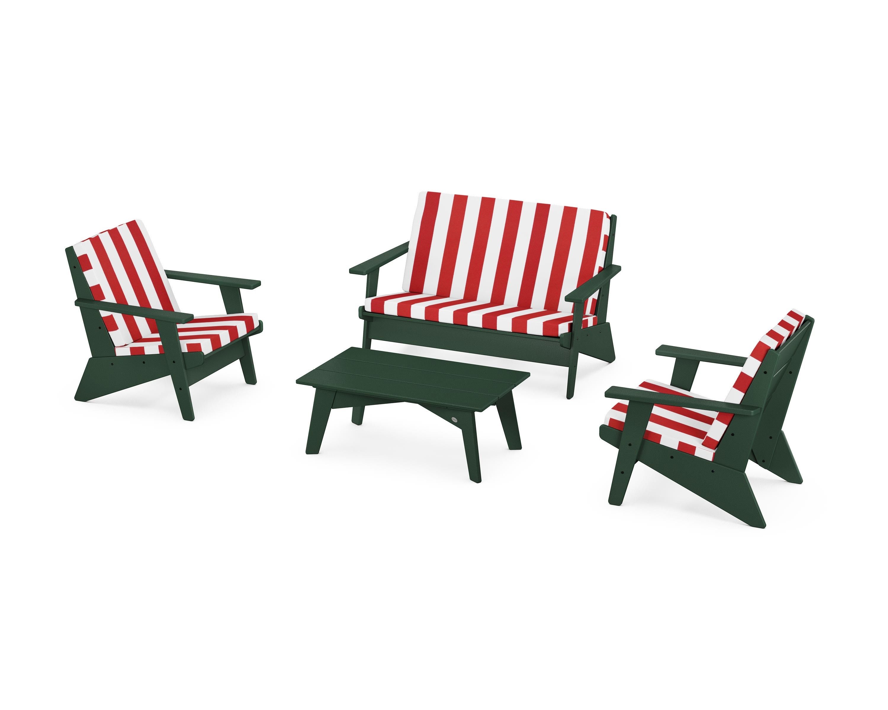 POLYWOOD® Riviera Modern Lounge 4-Piece Set in Green / Cabana Stripe Crimson
