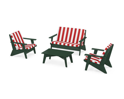 POLYWOOD® Riviera Modern Lounge 4-Piece Set in Green / Cabana Stripe Crimson