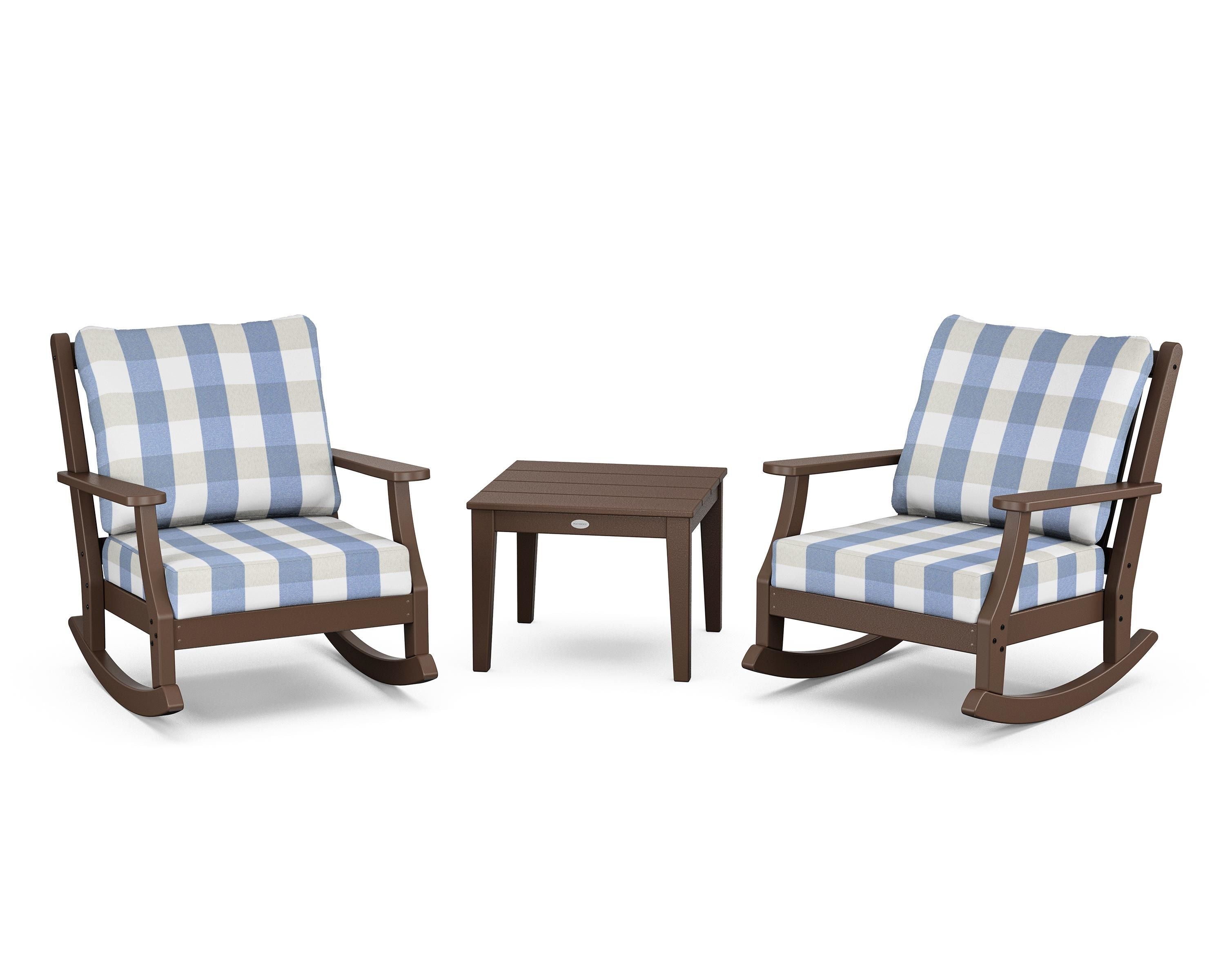 Country Living Wovendale 3-Piece Deep Seating Rocker Set in Mahogany / Buffalo Plaid Sky Blue