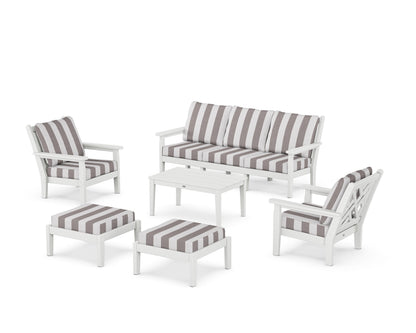 POLYWOOD® Chippendale 6-Piece Lounge Sofa Set in White / Cabana Stripe Grey Mist