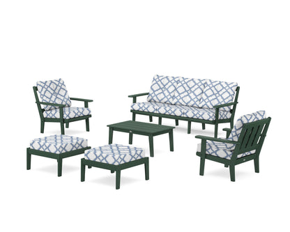 POLYWOOD® Oxford 6-Piece Lounge Sofa Set in Green / Trellis Sky Blue
