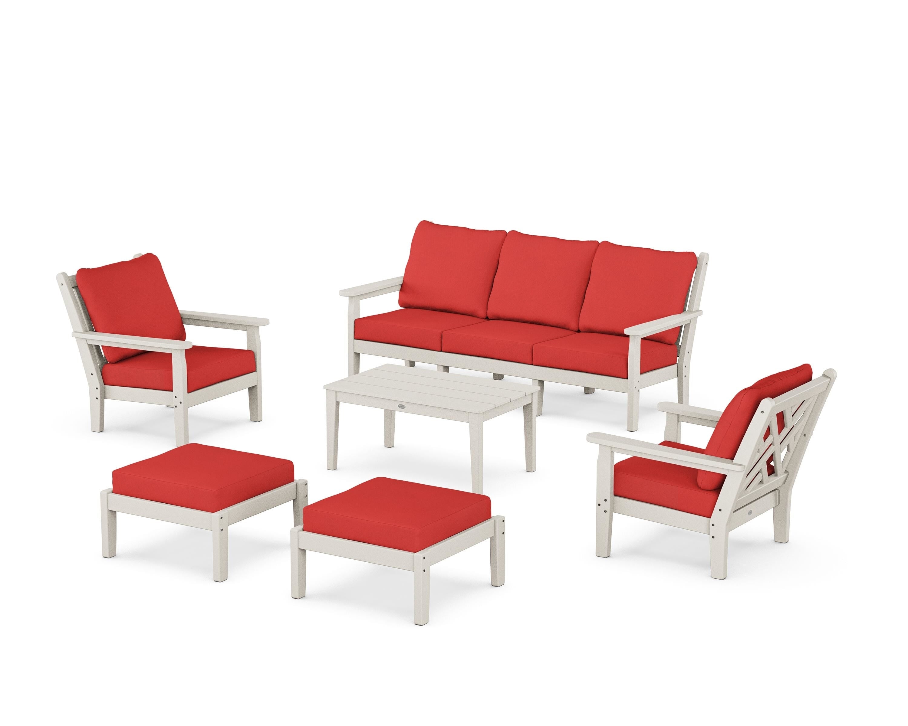 POLYWOOD® Chippendale 6-Piece Lounge Sofa Set in Sand / Crimson Linen