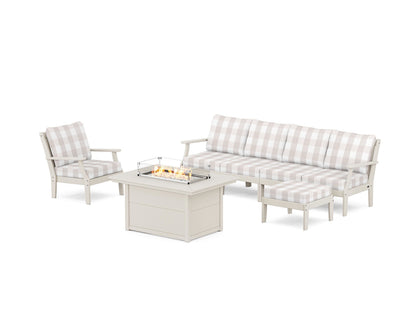 POLYWOOD® Braxton Sectional Lounge and Fire Pit Set in Sand / Buffalo Plaid Dune Burlap