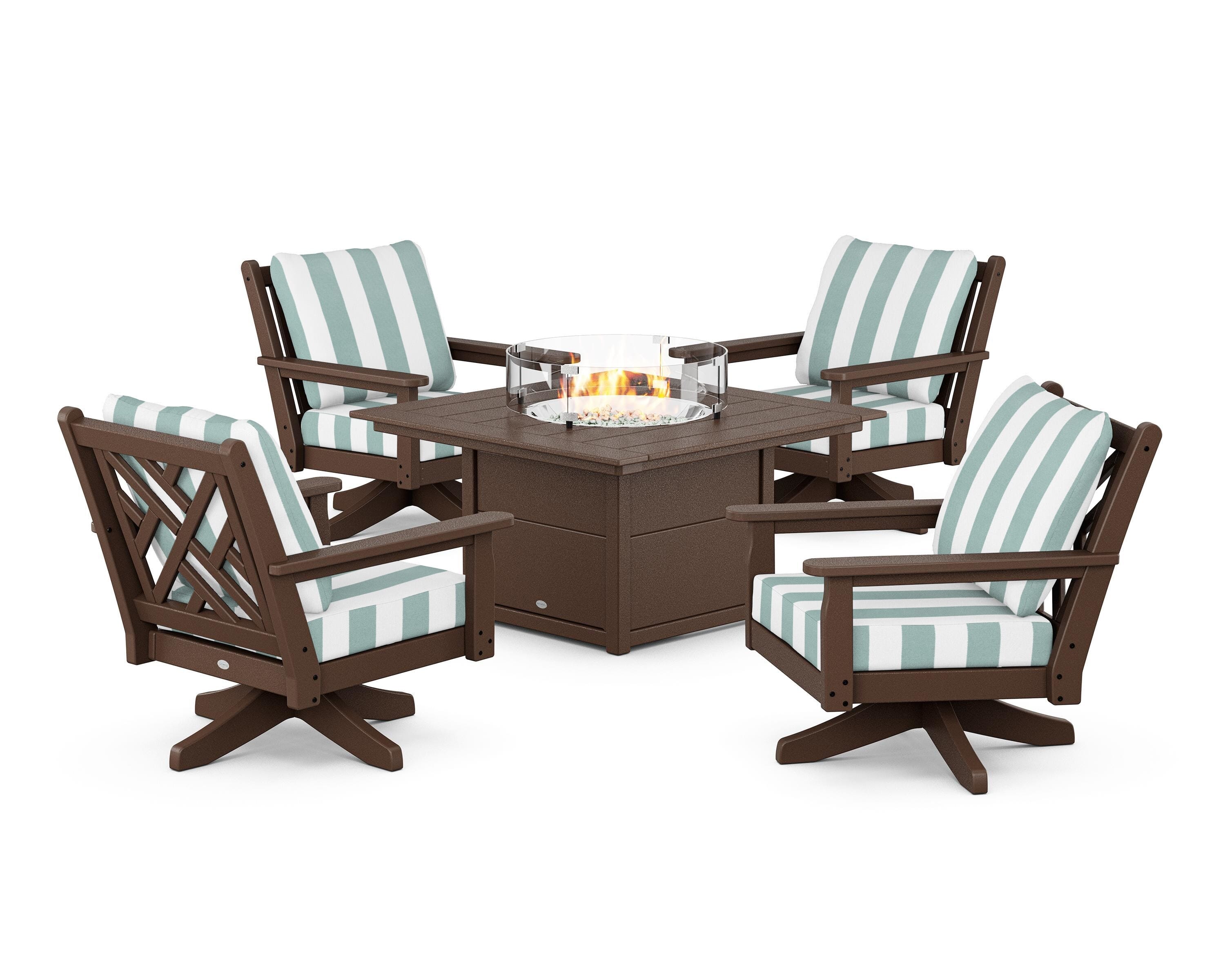 POLYWOOD® Chippendale 5-Piece Deep Seating Swivel Conversation Set with Fire Pit Table in Mahogany / Cabana Stripe Glacier Spa