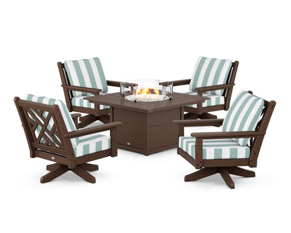 POLYWOOD® Chippendale 5-Piece Deep Seating Swivel Conversation Set with Fire Pit Table in Mahogany / Cabana Stripe Glacier Spa