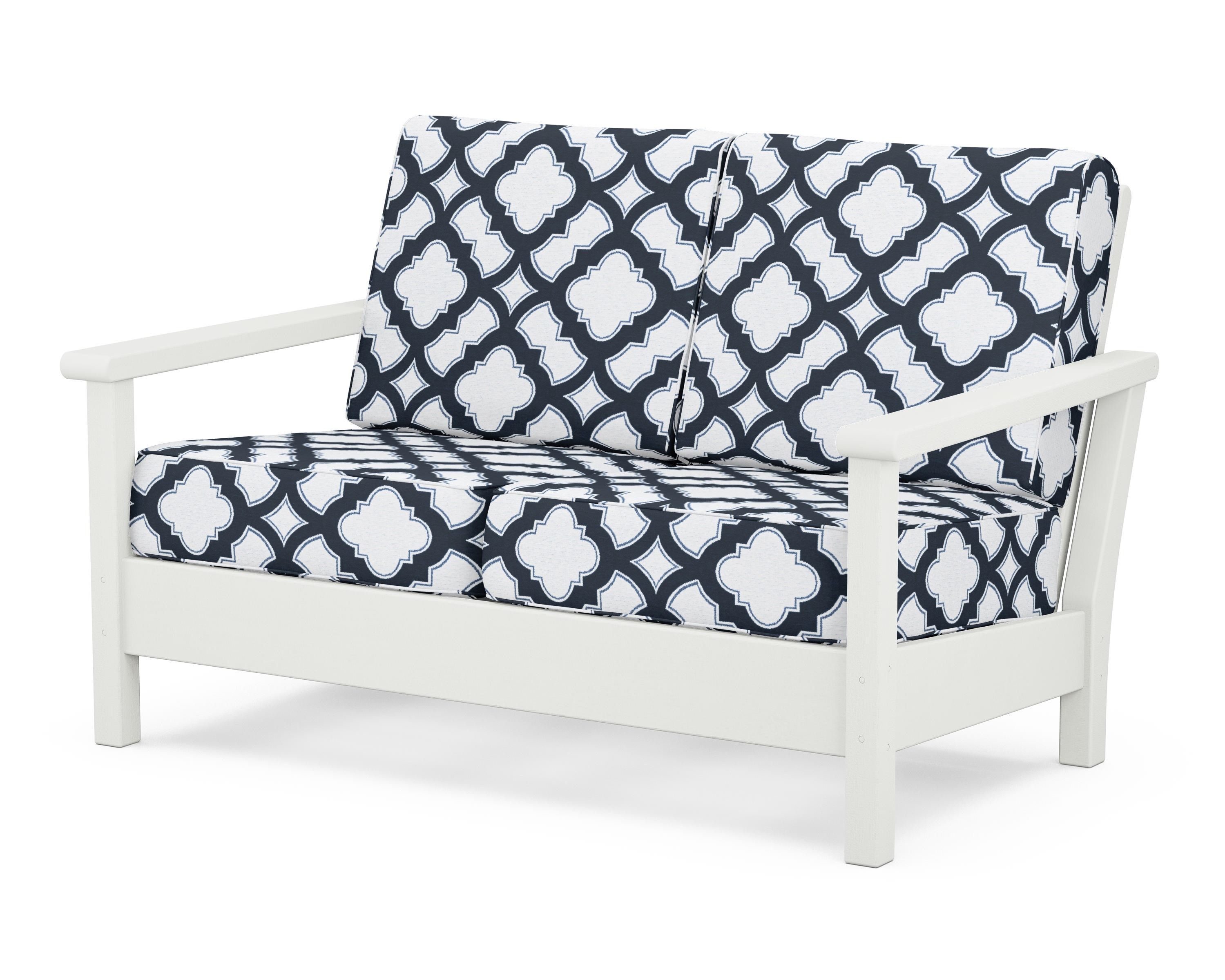 POLYWOOD® Harbour Deep Seating Loveseat in Vintage White / Trellis Marine Indigo