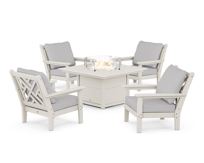 POLYWOOD® Chippendale 5-Piece Deep Seating Set with Fire Pit Table in Sand / Granite