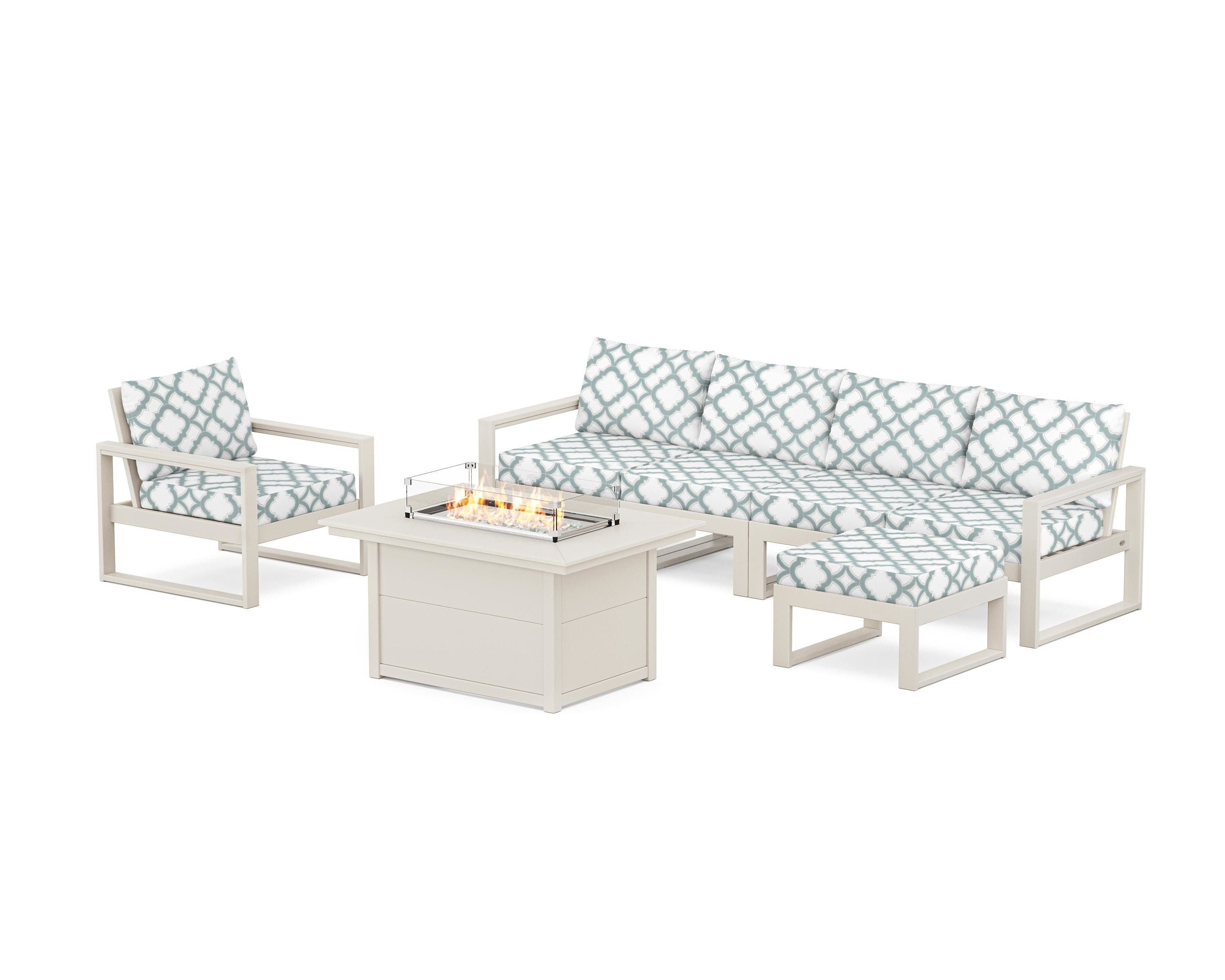 POLYWOOD® EDGE Sectional Lounge and Fire Pit Set in Sand / Trellis Glacier Spa