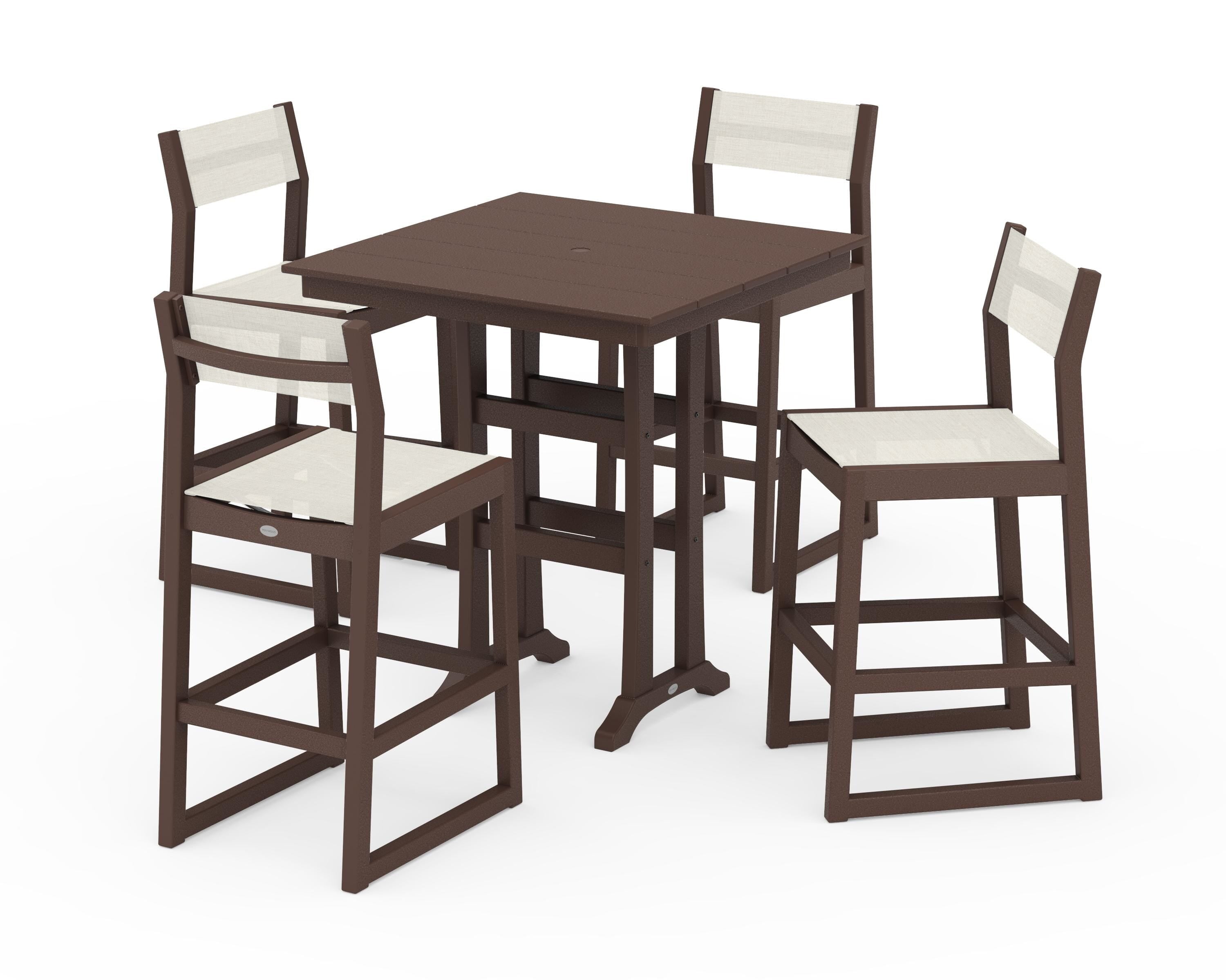 POLYWOOD® EDGE Sling Arm Chair 5-Piece Farmhouse Bar Set with Trestle Legs in Mahogany / Parchment Sling