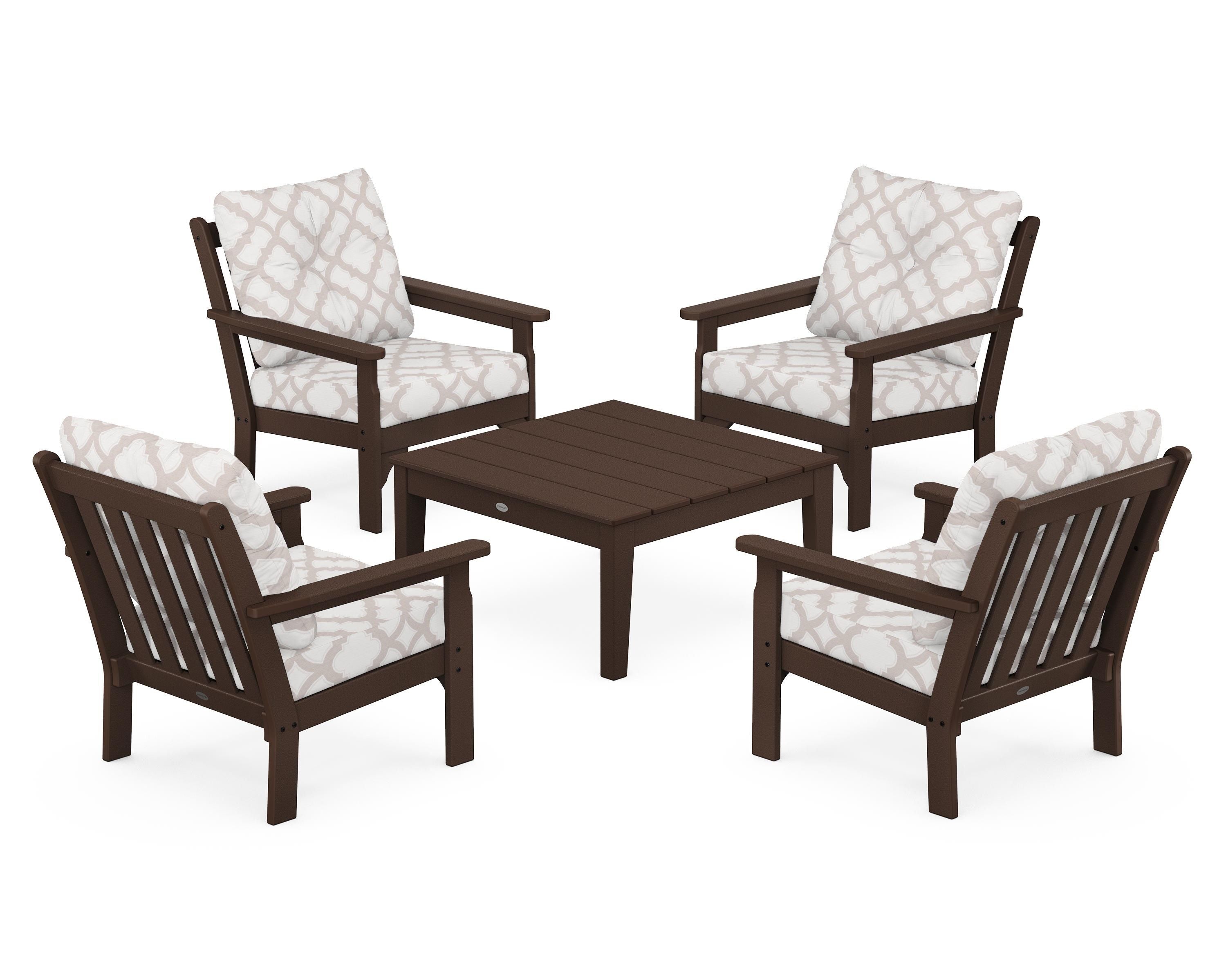 POLYWOOD® Vineyard 5-Piece Deep Seating Conversation Set in Mahogany / Trellis Dune Burlap