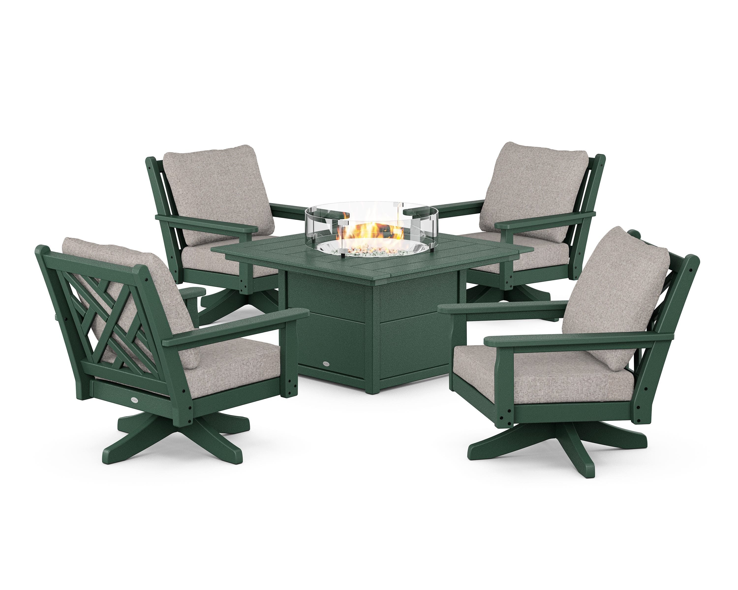 POLYWOOD® Chippendale 5-Piece Deep Seating Swivel Conversation Set with Fire Pit Table in Green / Weathered Tweed