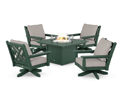 POLYWOOD® Chippendale 5-Piece Deep Seating Swivel Conversation Set with Fire Pit Table in Green / Weathered Tweed